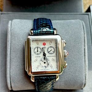 Beautiful Michele Deco Watch Diamonds and Rare Navy Teju Alligator Strap.